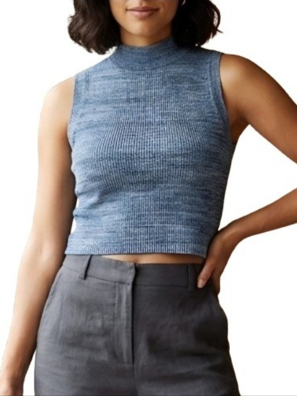 H&M Blue Knit Crop Top Mockneck Sleeveless Marled Blouse